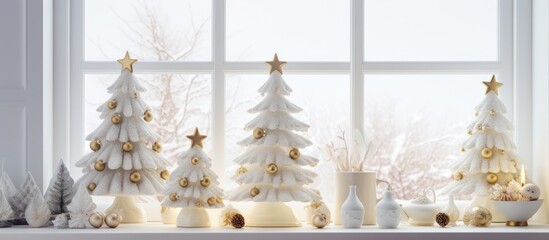 White Christmas tree adorned with golden ornaments and lit candle