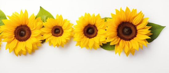 Vibrant Sunflowers Aligned in a Row Against a Clean White Background