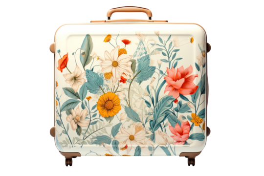 Travel suitcase with flowers isolated on transparent background Remove png, Clipping Path, pen tool