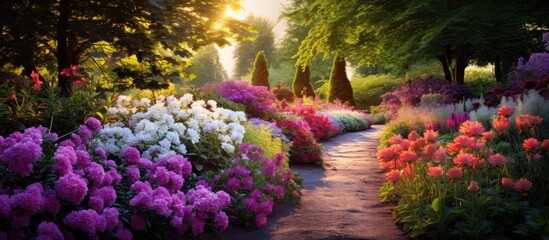 A pathway winding through a garden filled with vibrant flowers and lush trees