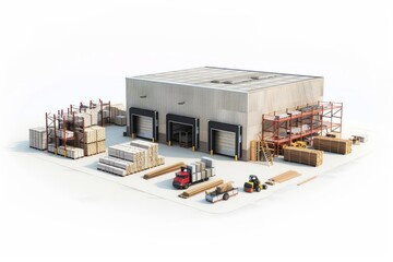 3D Render of warehouse expansion, with loading docks, storage racks, and construction materials, on isolated white background, Generative AI