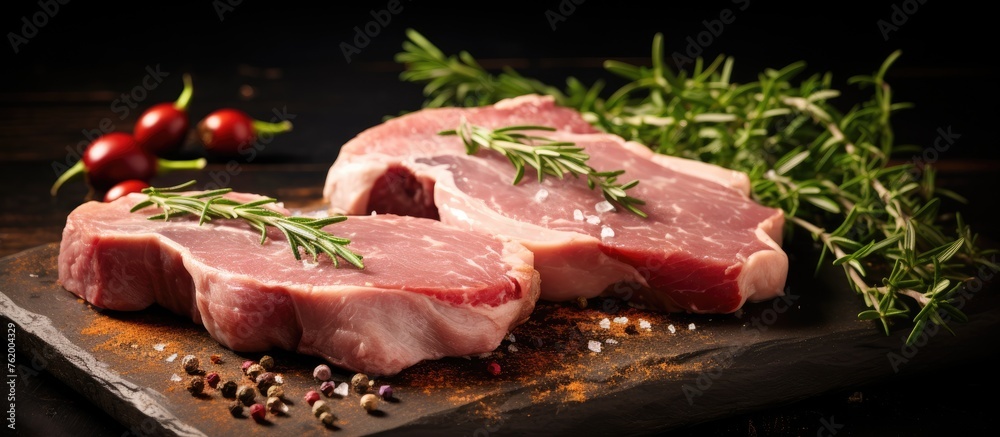 Sticker Raw pork steaks with herbs on black background