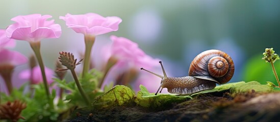 Tiny Snail Rests on a Lush Moss-Covered Rock in a Tranquil Forest Setting
