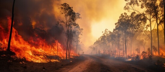 Bushland ablaze with a fiery inferno spreading through trees - obrazy, fototapety, plakaty