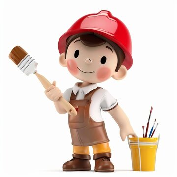 Smiling cartoon construction worker with a paintbrush and helmet, standing beside a paint bucket with brushes, isolated on a white background, suitable for children's content and educational materials