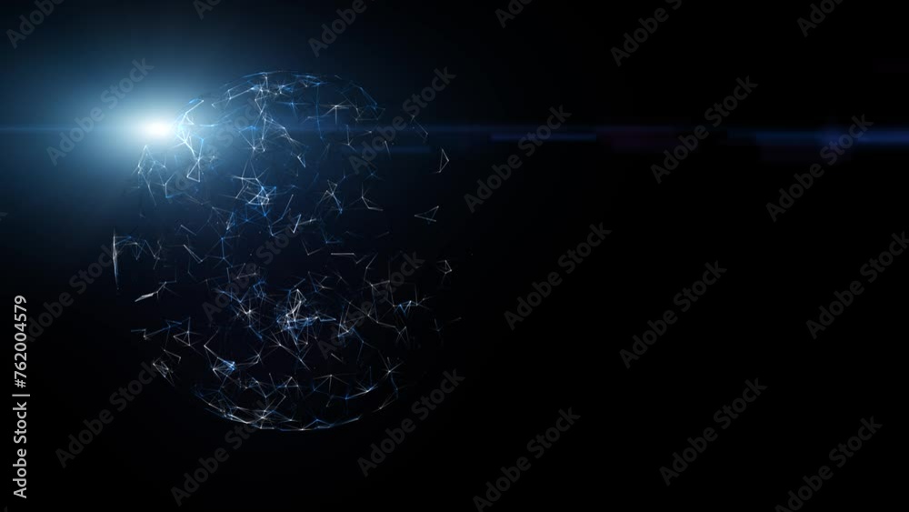 Sticker futuristic digital 3d plexus sphere with glowing light motion on clean black background.