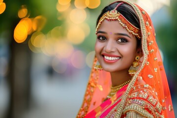 Beautiful Indian Woman Wearing Traditional Bridal Makeup and Jewelry. Fictional character created by Generated AI. 