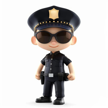 3D illustration of a cute cartoon character in police uniform with sunglasses, isolated on a white background with space for text - ideal for professions or law enforcement concepts