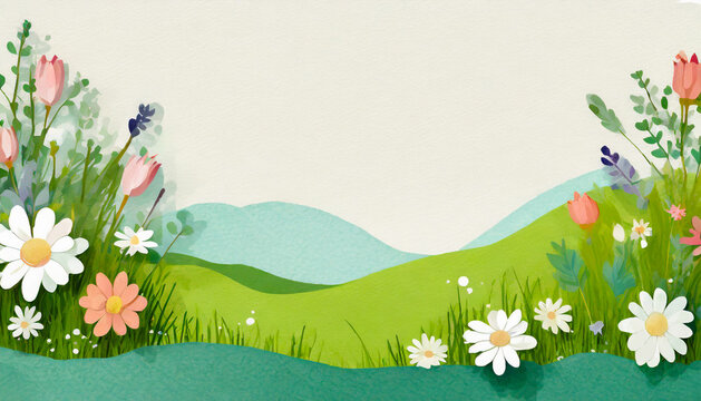 Spring background with flowers and meadow. Watercolor painting. Greeting card with copyspace