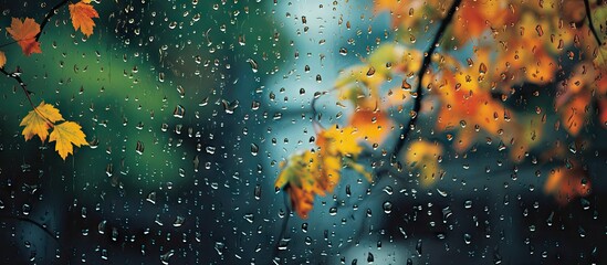 A window with raindrops and tree in background