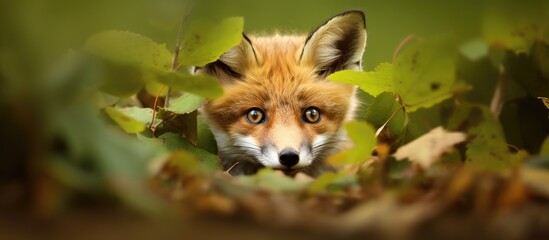 Obraz premium A fox peering at the camera among foliage