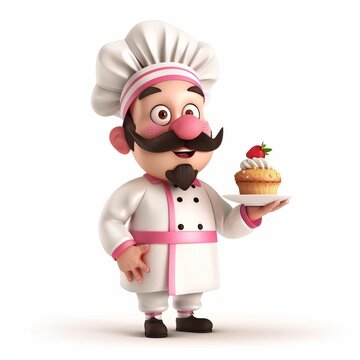 3D cartoon chef character in white and pink uniform presenting a cupcake with cream and a strawberry, ideal for culinary blog or advertisement, with copyspace