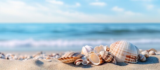 Shells scattered on sandy shore
