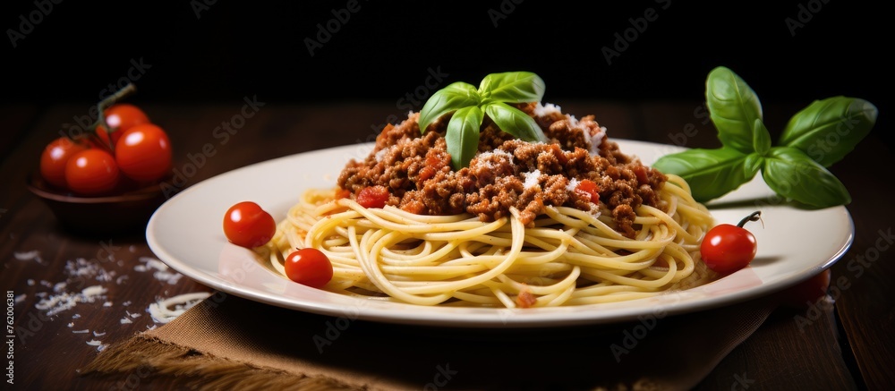 Poster Delicious Spaghetti with Savory Meat and Fresh Tomatoes on Rustic Wooden Table