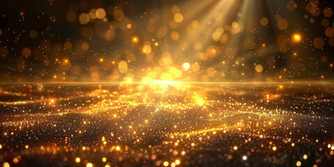 A golden light shines on the ground,golden light rays and sparkles line, empty room with Golden lights rays scene with glitter background, banner, christmas