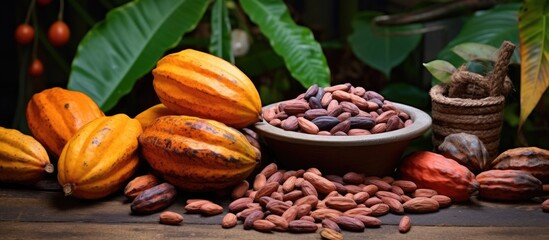 Rich Harvest of Natural Cocoa Beans and Luscious Cocoa Pods in Rustic Bowl