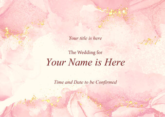 Fototapeta na wymiar hand painted bleeding pink color with gold glittering invitation poster sample