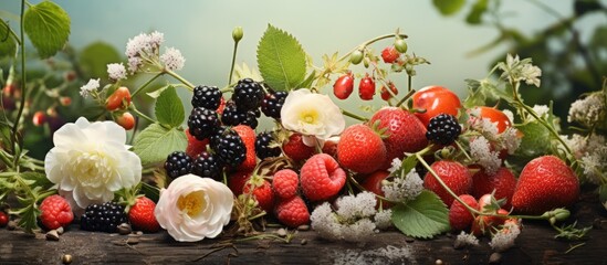 Fresh Berries Overflow on Rustic Wooden Table - Juicy Strawberries, Raspberries, Blueberries