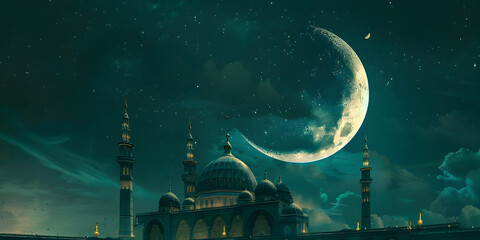 moon and stars on the sky , The concept of Ramadan a mosque that shines at night  technology, 