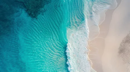 Rolgordijnen Stunning top view from a drone: beautiful beach waves of sea water hitting the sand on the shore. Atmospheric ocean landscape © Ainur