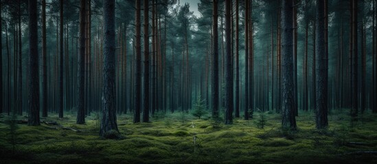 Mystical Dark Enchanted Forest with Menacing Stormy Sky Background - obrazy, fototapety, plakaty