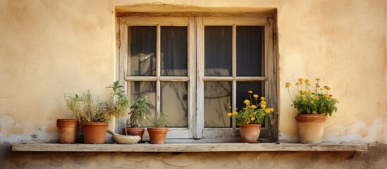 Many plant pots on ledge by window