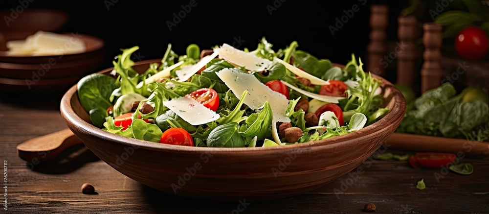 Canvas Prints A plate of fresh salad topped with cheddar and cherry tomatoes