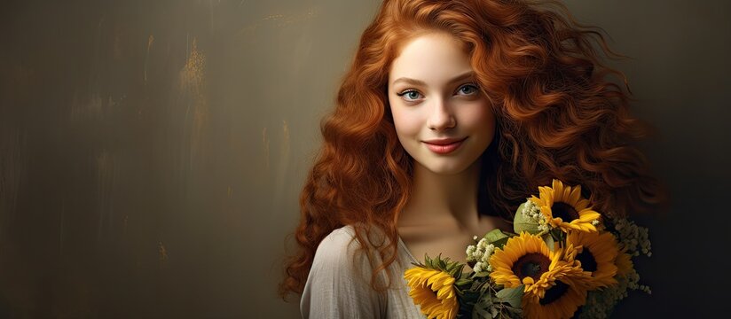Red-haired woman with sunflower bouquet