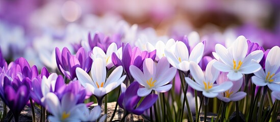 Purple crocus flowers on white background