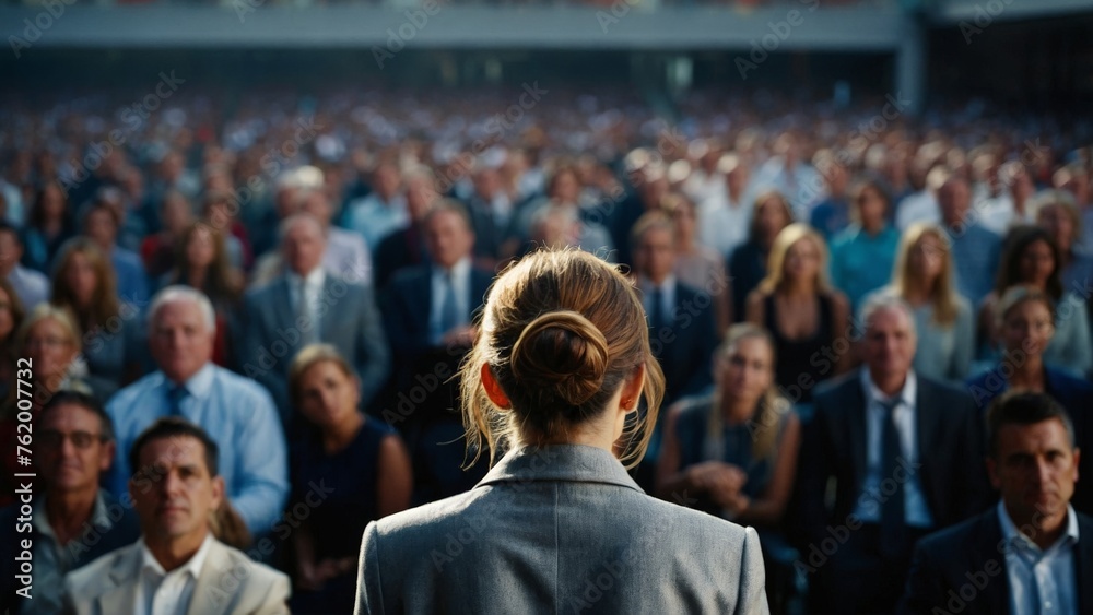 Wall mural Rear view photo of a businesswoman raising one arm in a conference meeting asking question in casual attire in front of a business professional crowd