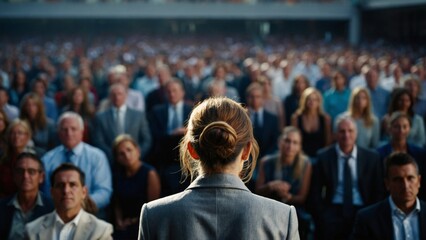 Rear view photo of a businesswoman raising one arm in a conference meeting asking question in casual attire in front of a business professional crowd - obrazy, fototapety, plakaty