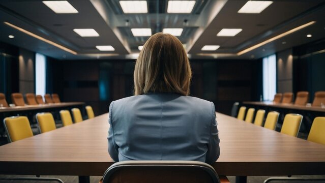 Rear view photo of a businesswoman in a conference room sitting alone in casual attire