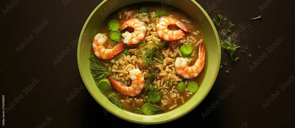 Canvas Prints Savor the Flavor: Exquisite Asian Cuisine - Shrimp and Rice Delight with Fresh Basil Leaves