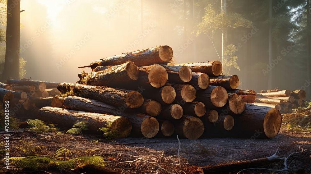 Wall mural a pile of logs in the middle of the forest