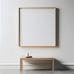 A blank canvas for creativity, with a wooden bench and white frame inviting inspiration to bloom. 