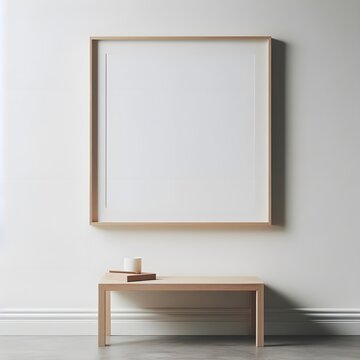 A blank canvas for creativity, with a wooden bench and white frame inviting inspiration to bloom. 