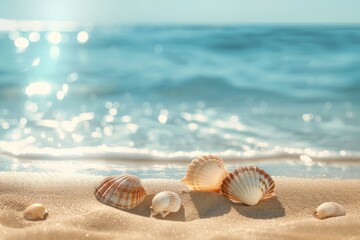 Fototapeta na wymiar Seashells on a sandy beach with sparkling ocean water in the background and sun glare reflecting on the surface.