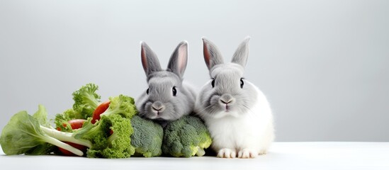 Two rabbits by vegetable pile - obrazy, fototapety, plakaty
