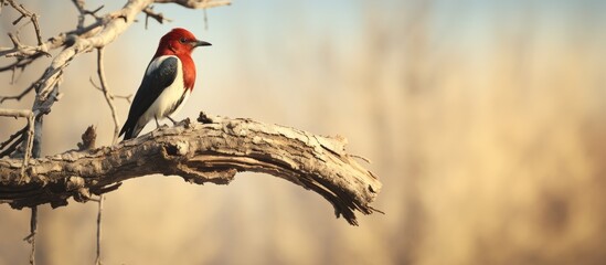 A red headed bird on a branch - obrazy, fototapety, plakaty