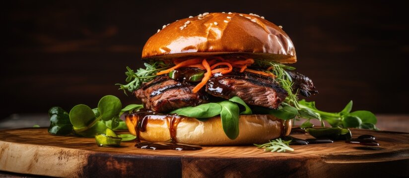 Juicy Beef Burger with Multiple Patties on a Rustic Wooden Cutting Board