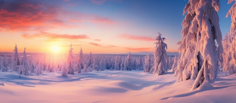 Enchanting Winter Scene with Snow-Covered Trees at Sunset