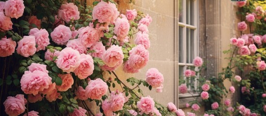 Fototapeta na wymiar Pink roses on garden wall