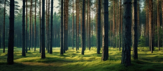 Majestic Tall Trees Towering over Lush Green Grass in Enchanting Forest Landscape