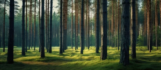 Glasschilderij Berkenbos Majestic Tall Trees Towering over Lush Green Grass in Enchanting Forest Landscape