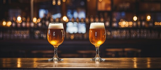 Two glasses of beer on a bar with a blurred background - obrazy, fototapety, plakaty