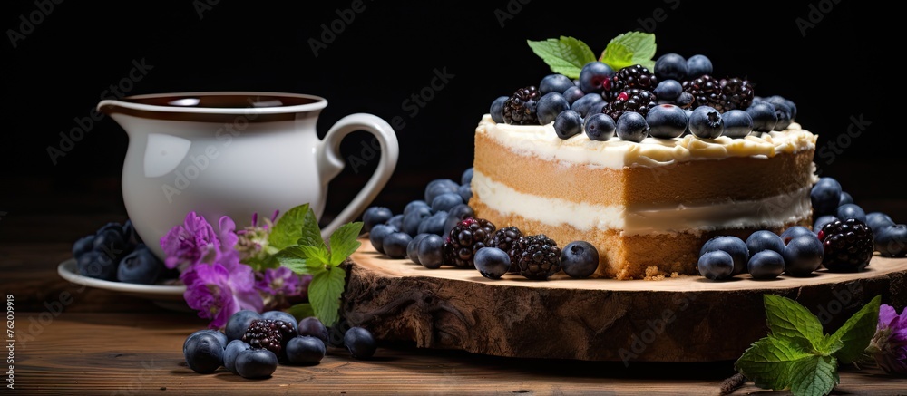 Canvas Prints Cake with Berries and Cream on Wooden Table