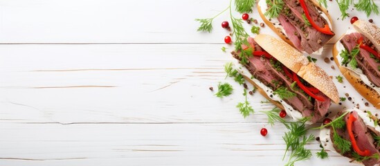 Sandwiches with Meat and Vegetables on White Wooden Background