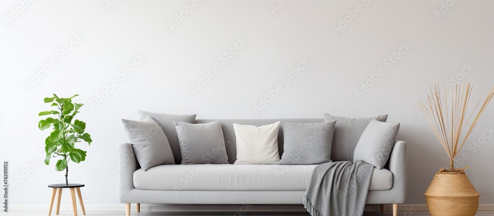 Wall mural A gray couch with pillows and a blanket in a white room