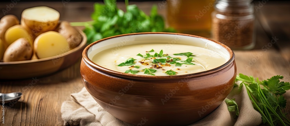 Canvas Prints A bowl of soup with potatoes and herbs on a table