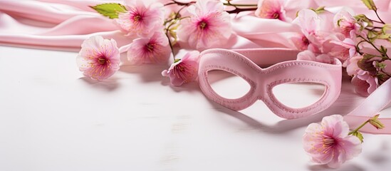 Obraz na płótnie Canvas Pink mask with floral arrangement on white background